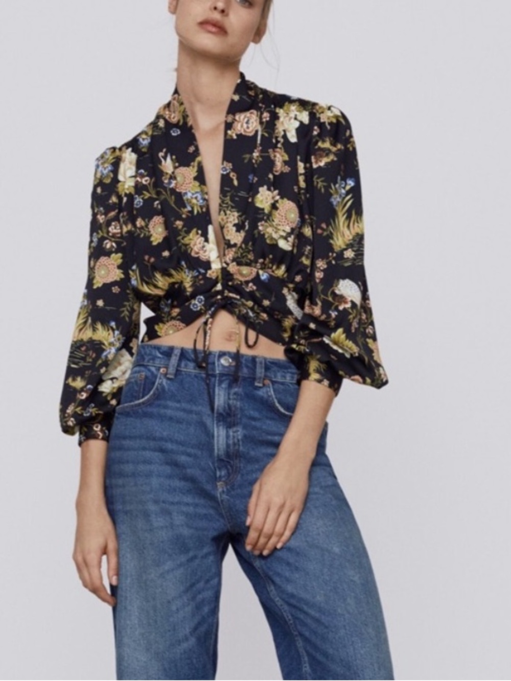 Zara Black Floral Tie-Front Blouse